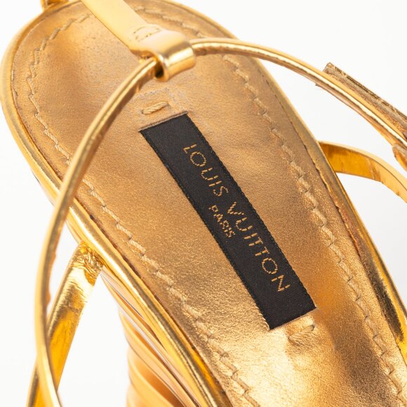Louis Vuitton Lime Wedge Gold Leather Stepped-Heel Sandals - Picture 10 of 11